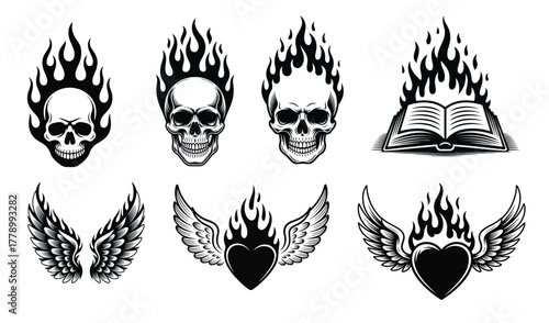 Skull heart wings book set vector illustration black icons burning elements