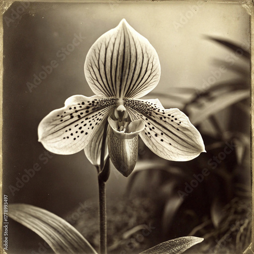 sepia orchid flower with spotted petals and pouch center in closeup botanical composition