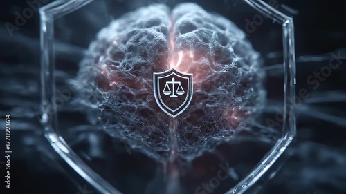 Abstract Brain Protected by Law: Conceptual Illustration of Intellectual Property, Legal Defense, and Cognitive Security with Scales of Justice Shield