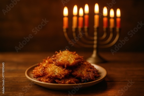 Crispy golden latkes stacked on a plate with a lit hanukkiah in the background. Concept of Hanukkah celebration and traditional Jewish holiday food