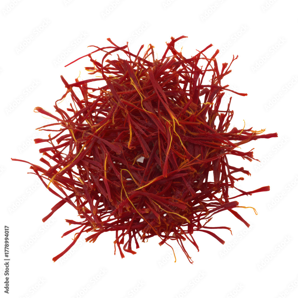 Fototapeta premium Topdown view of dried red saffron threads isolated on transparent background