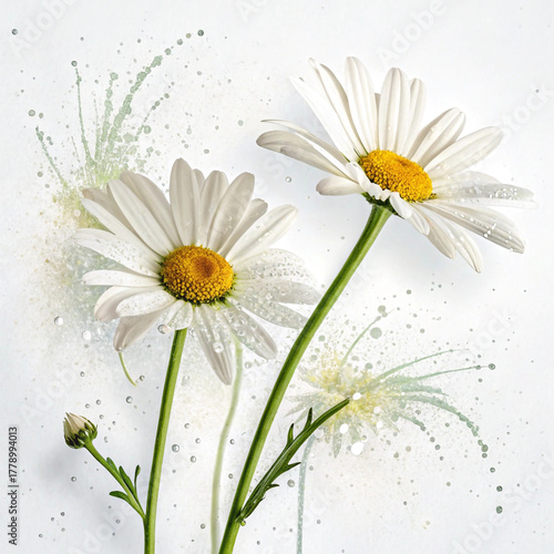 white daisies with yellow centers and water droplets on petals over soft artistic surface