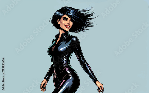 Stylized woman in a sleek black bodysuit walking confidently with short flowing hair, illustrated in bold comic-style artwork. Generative ai vector colorful pop art illustration.