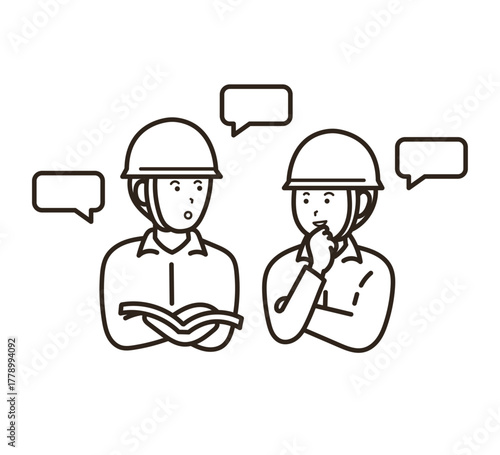仕事について話す土木技師の男性二人のイラスト　線画のみ