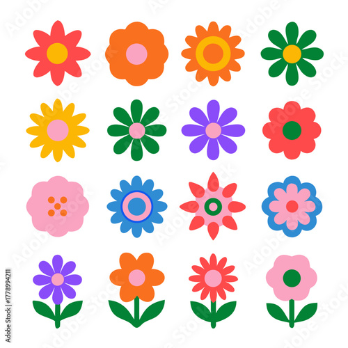 Chamomile. Colorful daisy round flower set. Camomile icon collection. Isolated on background. Flat design. Vector illustration. Summer chamomile flower. Love symbol. Groovy daisy flowers set