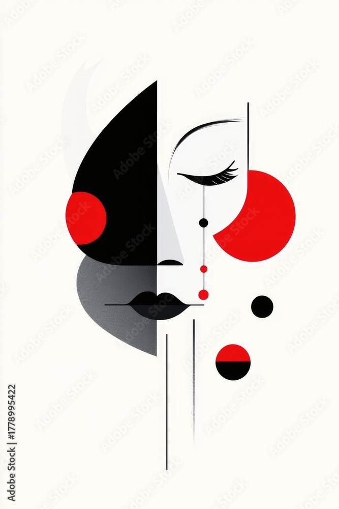 Fototapeta premium Abstract geometric art deco portrait: bold minimalism in black, white, and red