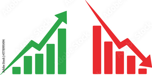 Graph going Up and Down sign with green and red arrows vector. Flat design vector illustration concept of sales bar chart symbol icon with arrow moving down and sales bar chart with arrow moving up.	
