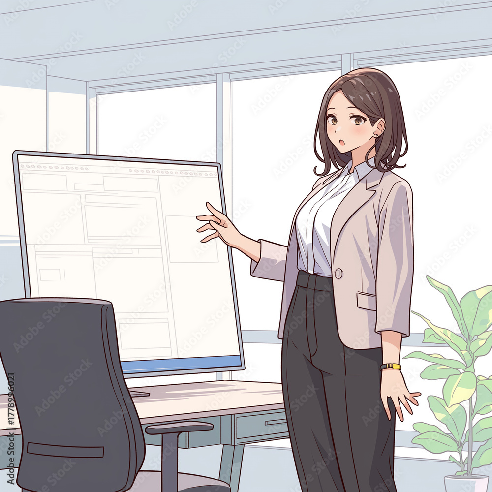 Naklejka premium オフィスで働く女性がプレゼンテーションするイラスト｜会議・説明・ホワイトボード・グラフ・マーケティング資料・仕事中の女性