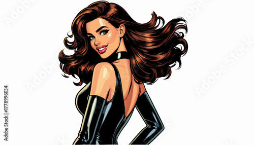woman in shiny black latex dress with voluminous hair, posing with a seductive smile in comic-style art. Generative ai vector colorful pop art illustration.