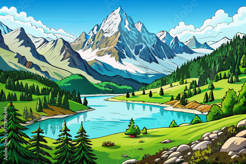 A beautiful view of Lake Chesery (Lac de Cheserys) with the snowy Mont Blanc mountain range in the background, stunning views of the Chamonix Alps, a scenic nature travel destination in France.