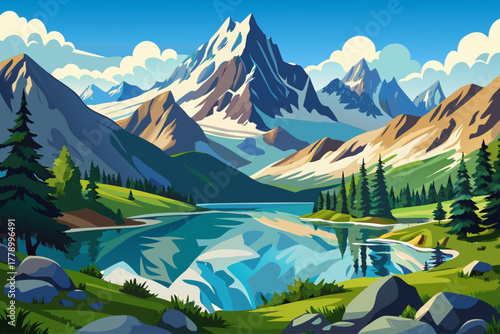 A beautiful view of Lake Chesery (Lac de Cheserys) with the snowy Mont Blanc mountain range in the background, stunning views of the Chamonix Alps, a scenic nature travel destination in France.