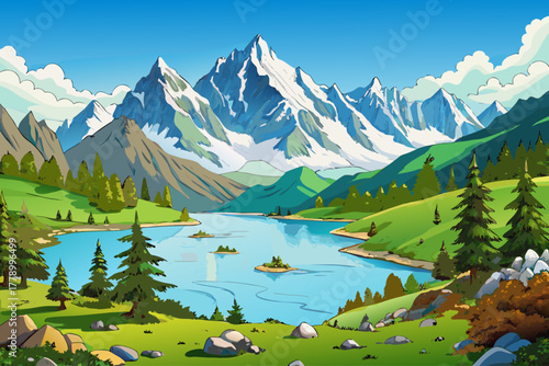 A beautiful view of Lake Chesery (Lac de Cheserys) with the snowy Mont Blanc mountain range in the background, stunning views of the Chamonix Alps, a scenic nature travel destination in France.