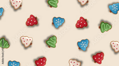 Seamless pattern of colorful ginger bread Christmas cookies shaped like stars, hearts, and trees on beige background. 3D Christmas Element