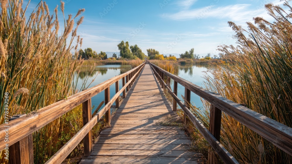 Fototapeta premium Wooden bridge over a calm lake on a sunny day