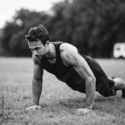 Man performing push-ups on green grass field.