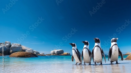 A group of African penguins waddles along the sandy shore of Boulders Beach in Cape Town. The clear blue sky and gentle waves complete this picturesque scene of wildlife