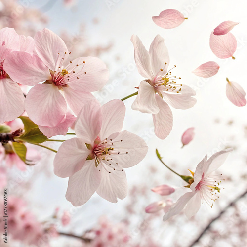 cherry blossom flowers with falling petals in soft pink spring bloom