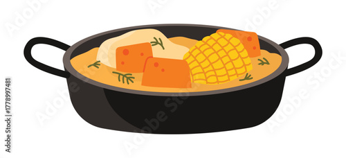 Chilean stew with vegetables and corn in a black pot on white isolated background vector illustration