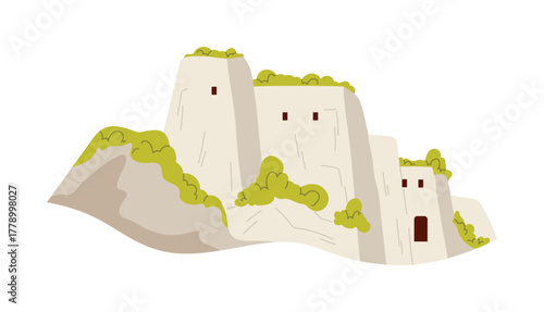 Ancient Croatian fortress on rocky hilltop isolated on white background vector illustration