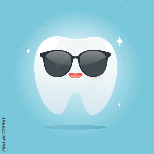 Clean teeth. Cute tooth character smiling with sparkle, symbolizing good dental health and hygiene. Strong teeth. Vector illustration