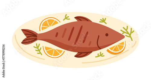 Isolated grilled fish with lemon slices and herbs on a plate, inspired by Croatian cuisine vector illustration
