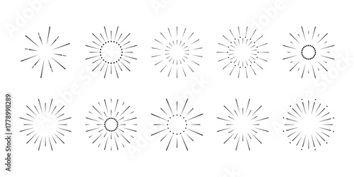 A set of fireworks, isolated on a white background. Monochrome black and white vector illustration. Decorative graphic festive element is used for postcards, design, celebrations, banners. Sparks