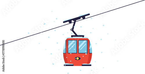 Red ski gondola traveling through falling snow in a winter landscape  