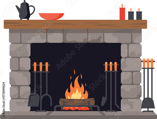 Cozy fireplace with a flame and decorative items in a flat vector style  
