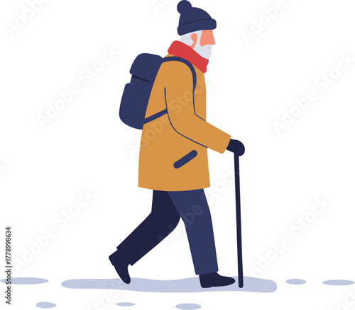 Elderly man walking with cane in winter outfit in a snowy landscape  