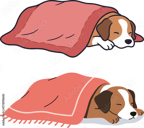Sleeping dog covered with blanket in flat vector style  