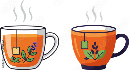 Two steaming cups of herbal tea with floral illustrations  