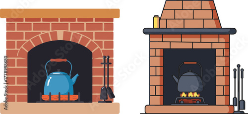 Two styles of fireplaces with kettles and a cozy winter atmosphere  