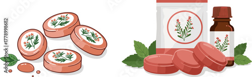 Herbal medicine products with round tablets and packaging design  