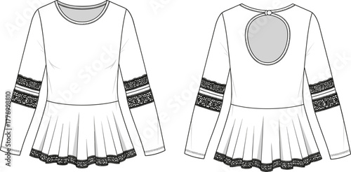 Women long sleeve peplum top technical flat sketch, front and back view, lace trim detail, cut out back, cad drawing flat vector illustration