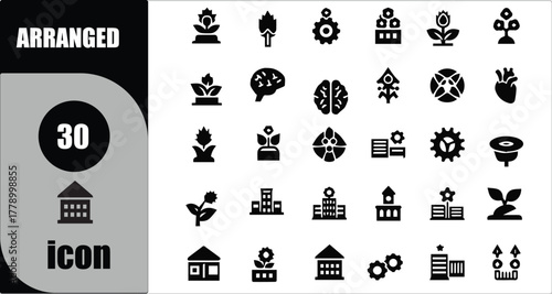 arranged glyph icon set. Including Flower pot, Leaf, Gear, Brain, Tree, Heart, Building, Book, House, Growth vector silhouette illustration   
