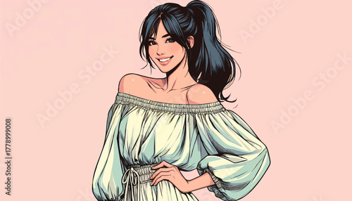 Stylized young woman with black ponytail wearing a light off-shoulder dress, smiling warmly against a soft pink background. Generative ai vector colorful pop art illustration.