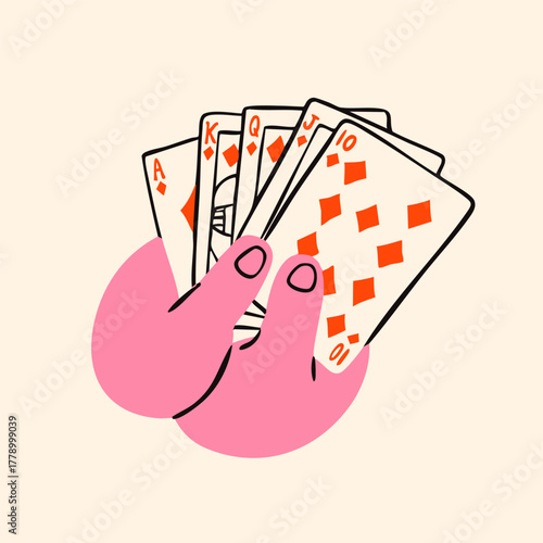 Human hands hold playing cards. Diamonds Royal flush. Hand drawn trendy Vector illustration. Tournament, casino, poker, gambling, game, croupier, entertainment concept. Isolated design element