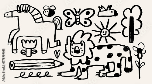 Various doodles, animals, tree, flowers, pencil. Outline playful childish style. Horse, butterfly, bird, elephant, cat, bee. Hand drawn trendy Vector illustration. Isolated design elements
