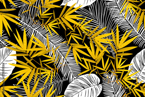 Tropical seamless pattern with yellow bamboo. Vector leaves. Exotic summer background. Hand-drawn jungle foliage. Tropical seamless pattern for fabric, textile, tile, and wallpaper design.