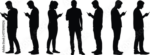 Silhouette of people using smartphones, standing in line, modern lifestyle, technology addiction, mobile communication, digital generation, internet connection concept