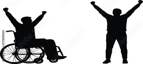 Motivational silhouette of standing man and person in wheelchair celebrating success, teamwork, equality, victory, empowerment, inclusion and friendship concept