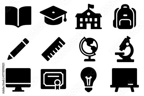 Education and science glyph icon set. Vector  black sign silhouette illustration.
