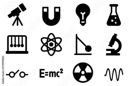 Science and research icons set - solid, filled, lab and analysis symbols
