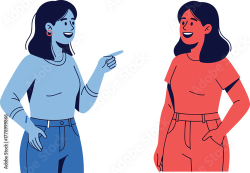 Two young women talking and smiling, friendly communication illustration in modern flat style, vector design for social connection concept