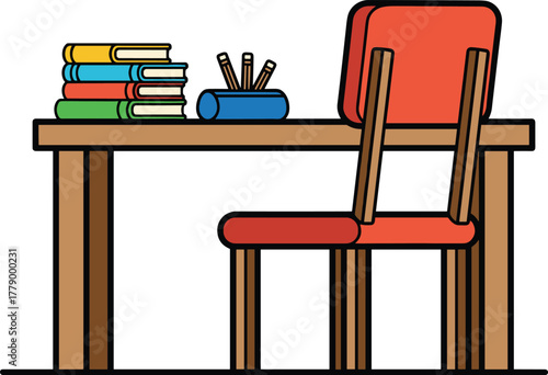 Wooden study table with chair, stack of colorful books and pencils, education and learning workspace illustration, school study concept art
