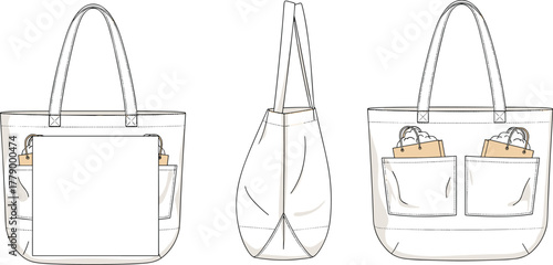 White tote bag with exterior pockets, front side rear view, flat sketch, accessory design, reusable shopping bag, cad drawing flat vector illustration