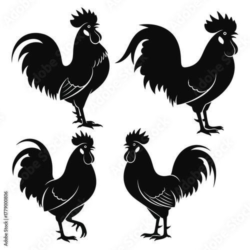 Set of four black rooster illustrations in silhouette style. Vector graphic design elements of cocks for logos or icons