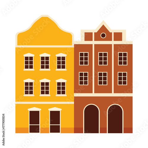 Flat design of traditional Czech Republic townhouses with colorful facades on a white isolated background vector illustration