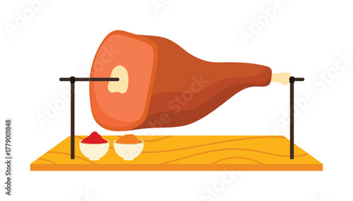 Traditional Czech ham on wooden stand with spices isolated on white background vector illustration