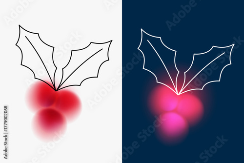 Holly berry with leaves. Holiday christmas element in minimalist blurred or gradient style. Festive decoration for branding banner, card, poster. Vector illustration.
